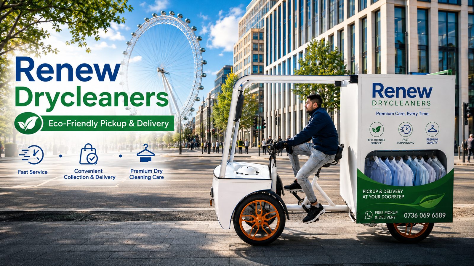 Renew Drycleaners eco-friendly electric cargo bike for free pickup and delivery in London