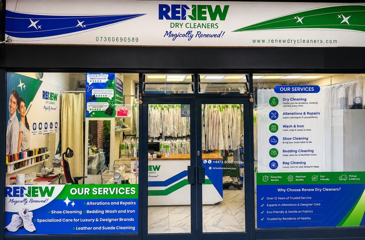 Renew Drycleaners Nine Elms shopfront at 7 Cellini Street, London SW8 2FQ