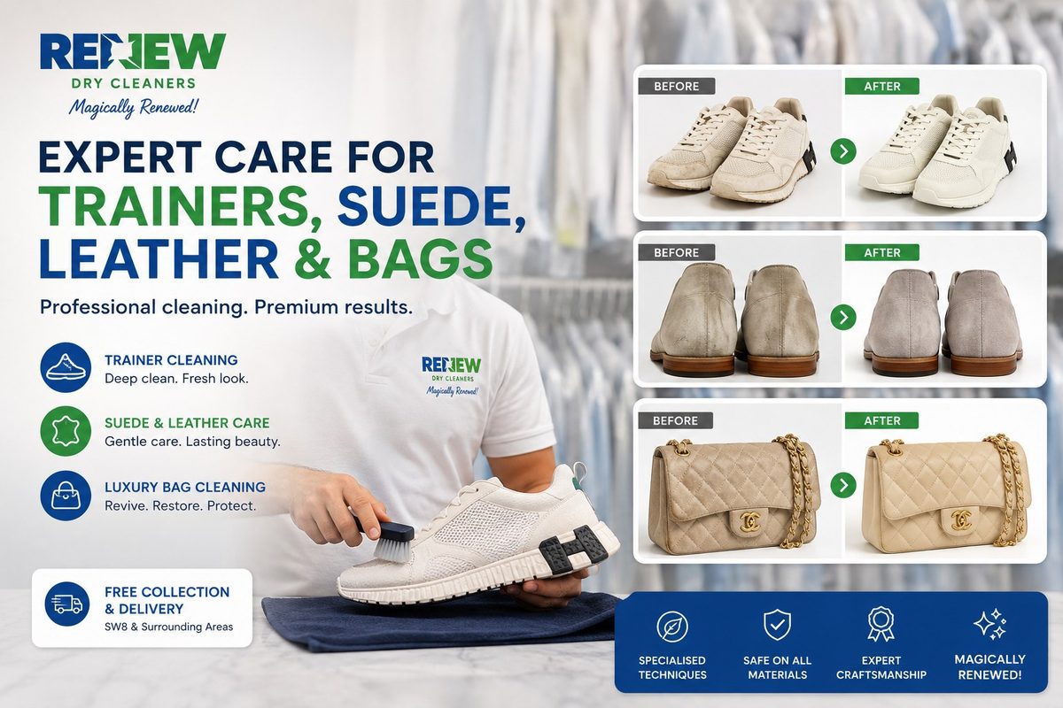 Expert care for trainers, suede, leather and bags at Renew Drycleaners