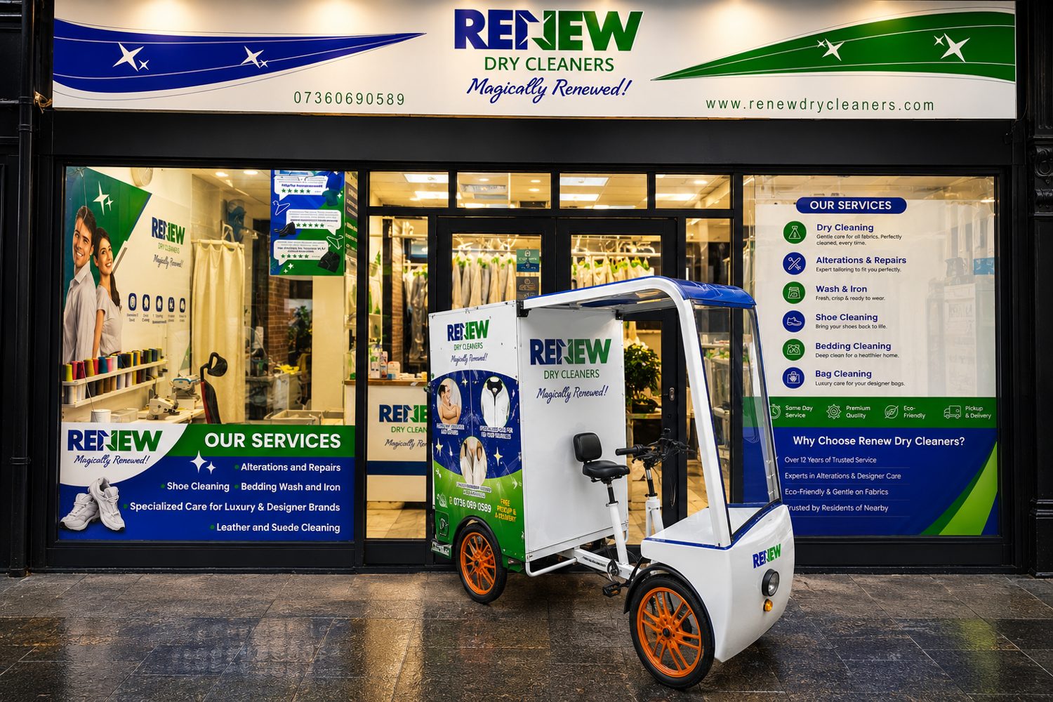 Renew Drycleaners Nine Elms shopfront with the eco electric cargo bike
