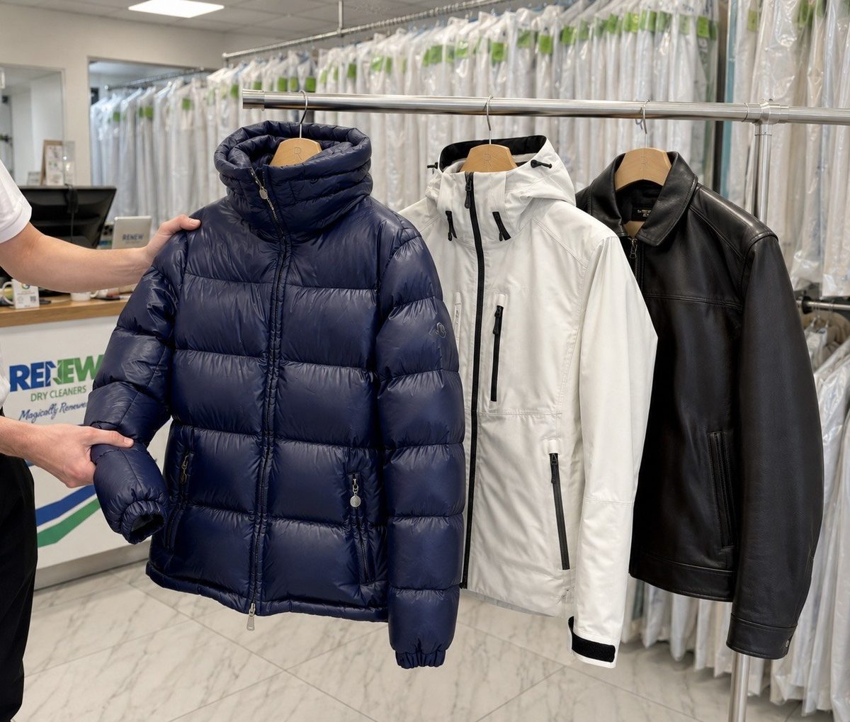 Specialist leather, suede, fur and down jacket cleaning at Renew Drycleaners